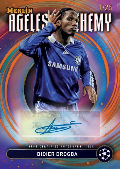 Merlin Ageless Hemy soccer trading card featuring Didier Drogba with a blue jersey and signature.