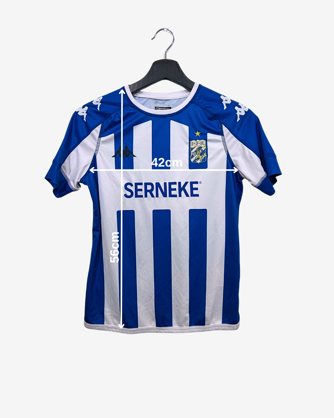 Blue and white striped sports jersey on a hanger with visible branding.