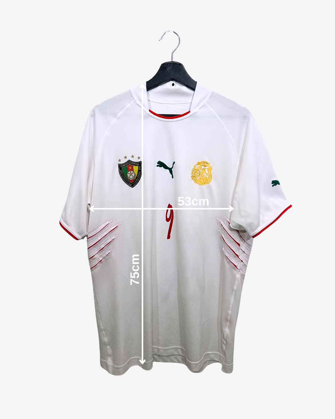 White sports jersey with measurements on a white background