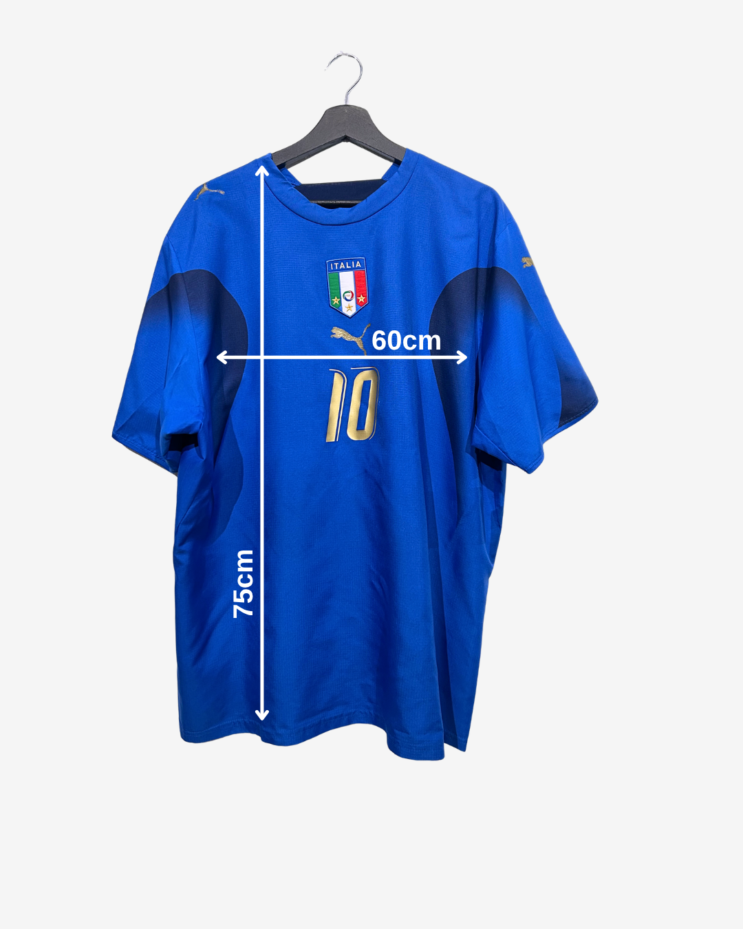 Blue sports jersey with measurements on a white background
