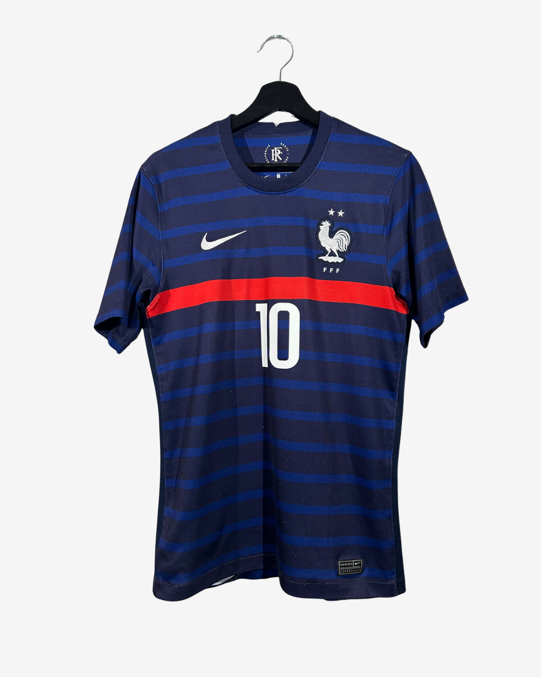 Blue and red striped soccer jersey with number 10 on a hanger against a white background