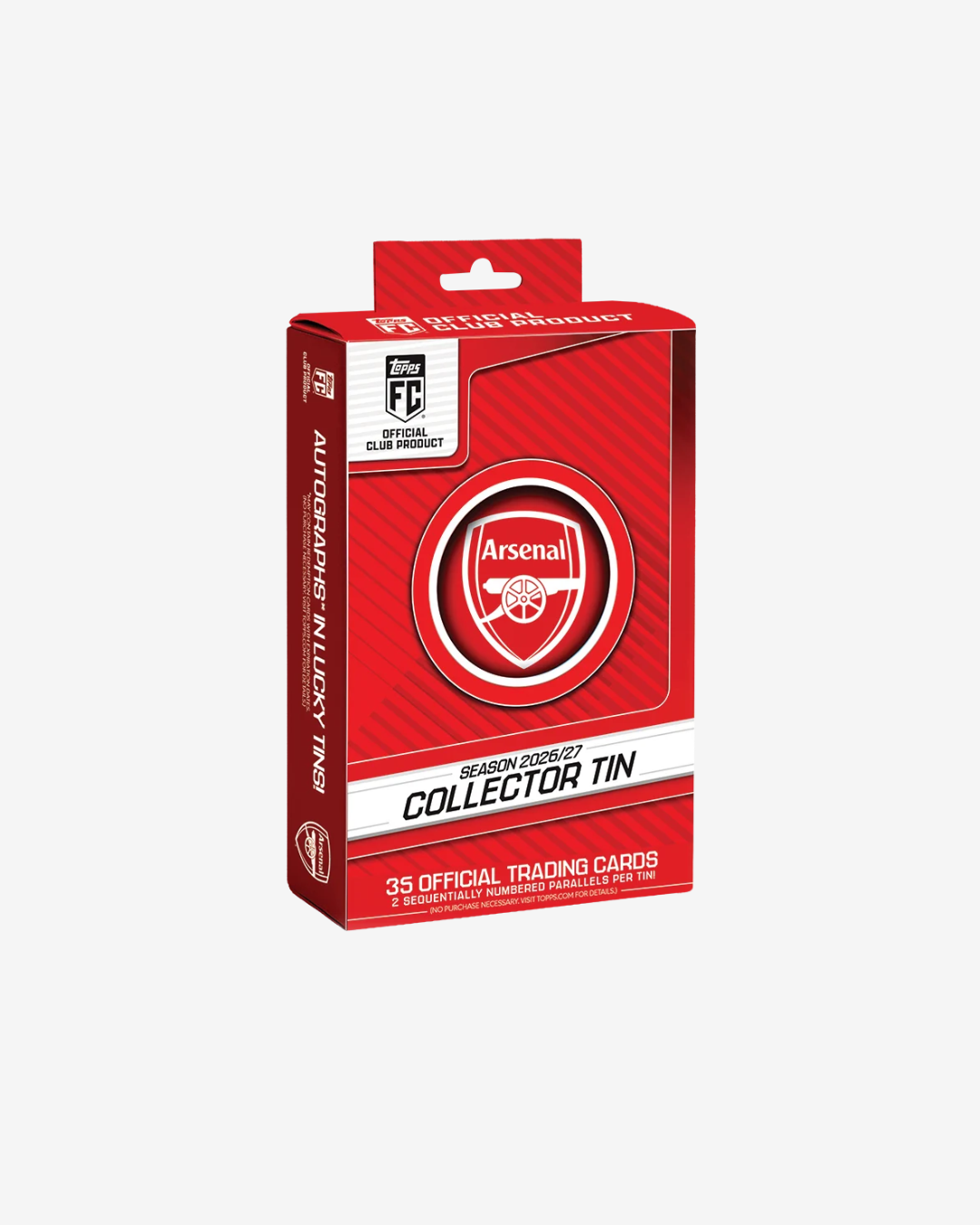 Arsenal Season Winner 2023/24 Official Club Product Collector Tin packaging box, featuring the Arsenal crest and product details on a light gray background.