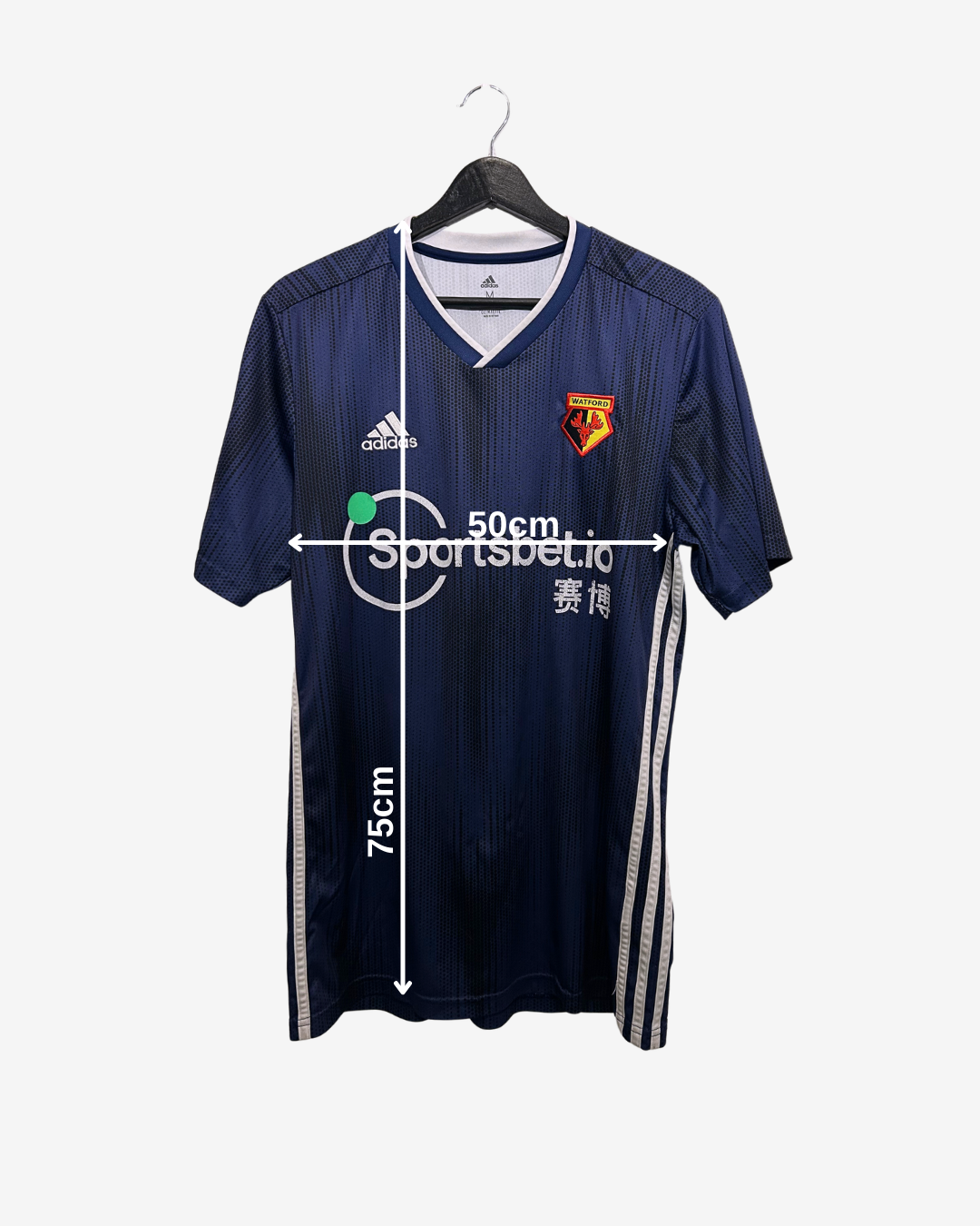 Navy blue sports jersey with Adidas logo on a hanger, featuring measurement markings.