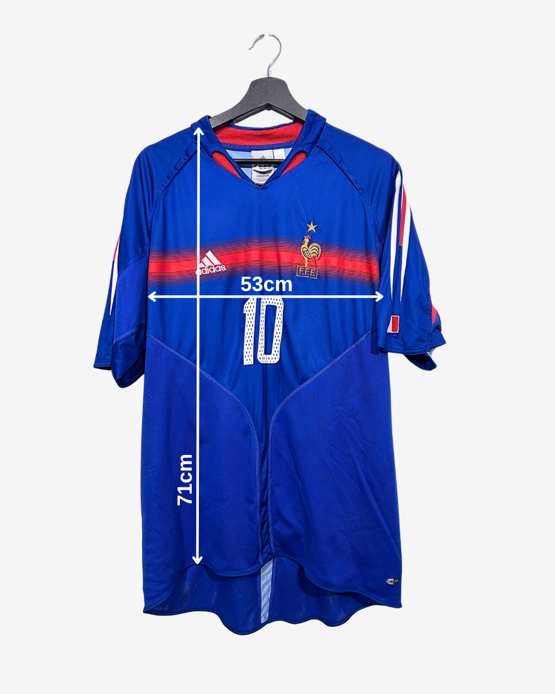 Blue sports jersey with measurements on a white background