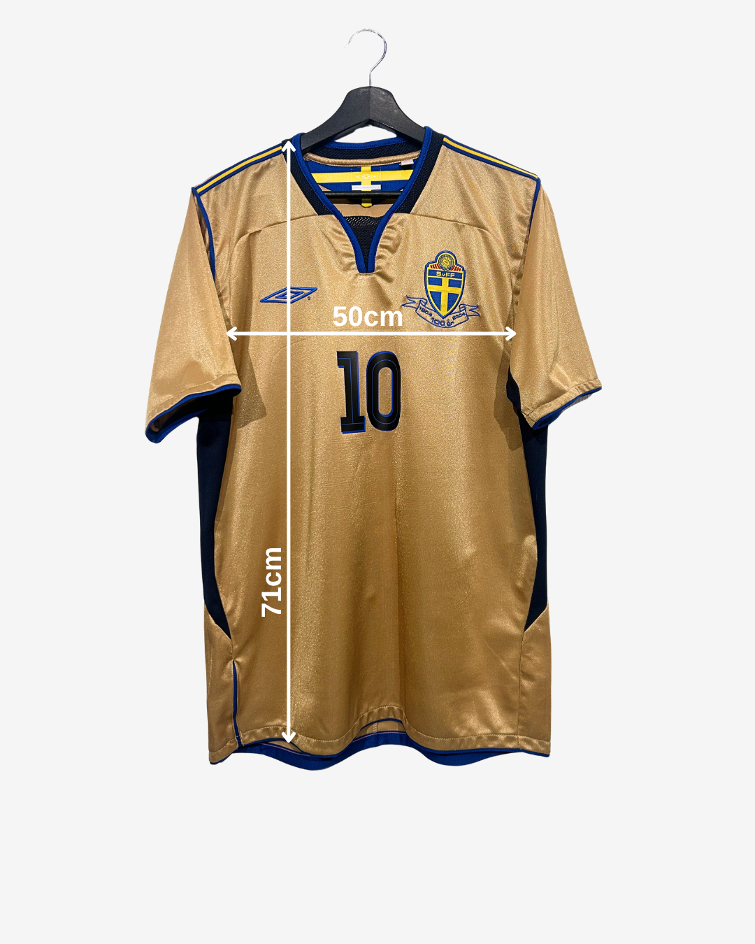 Gold sports jersey with measurements on a white background