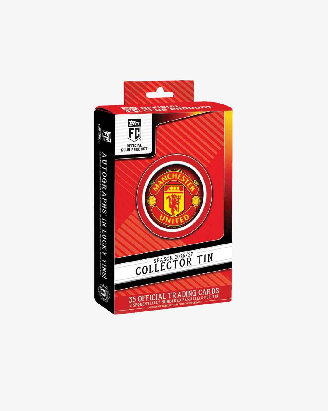 Manchester United season winner collector tin containing 35 official trading cards, shown in its red and black retail packaging against a light gray background.