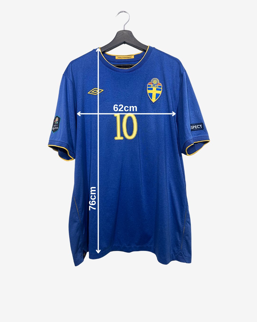 Blue sports jersey with measurements on a white background