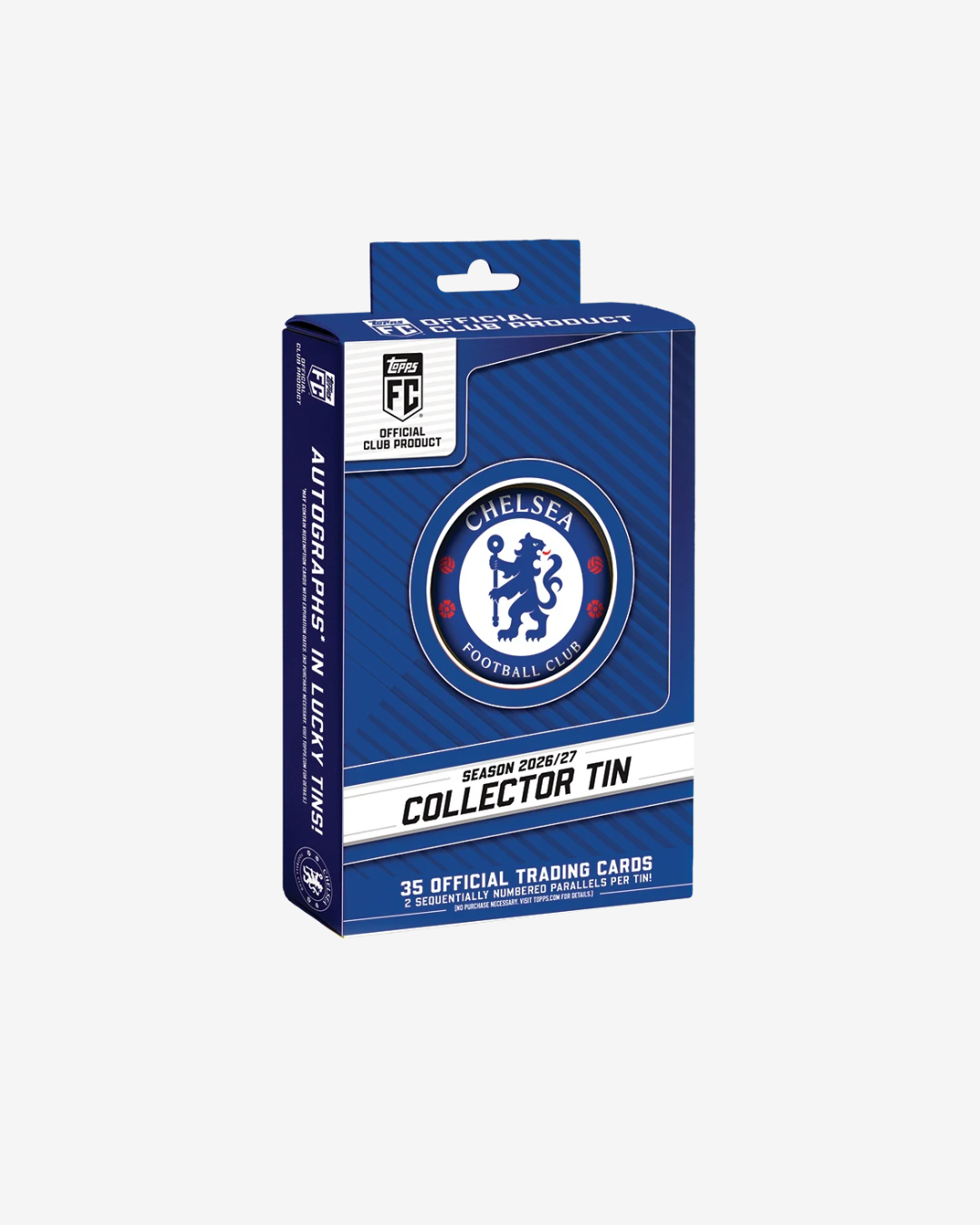 Chelsea Football Club season finale collector tin packaging box, featuring the club's logo and branding on a clean white background.