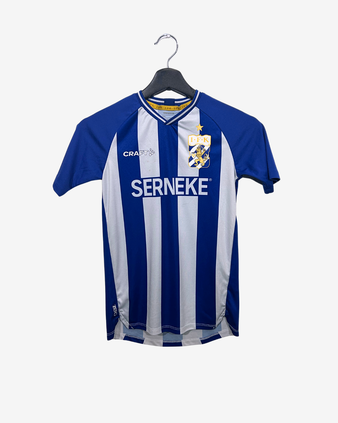 Blue and white striped sports jersey on a hanger with 'Cra+