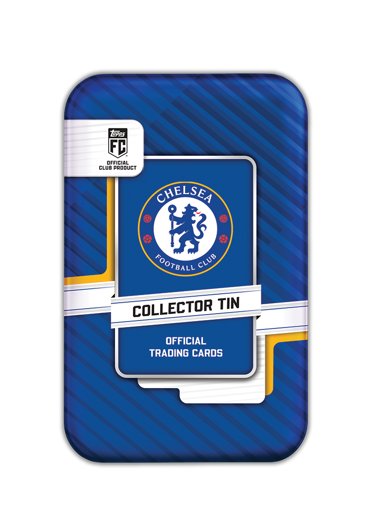 Official Chelsea Football Club collector tin packaging for trading cards, featuring a blue and navy striped design with the Chelsea FC crest and white text bands.