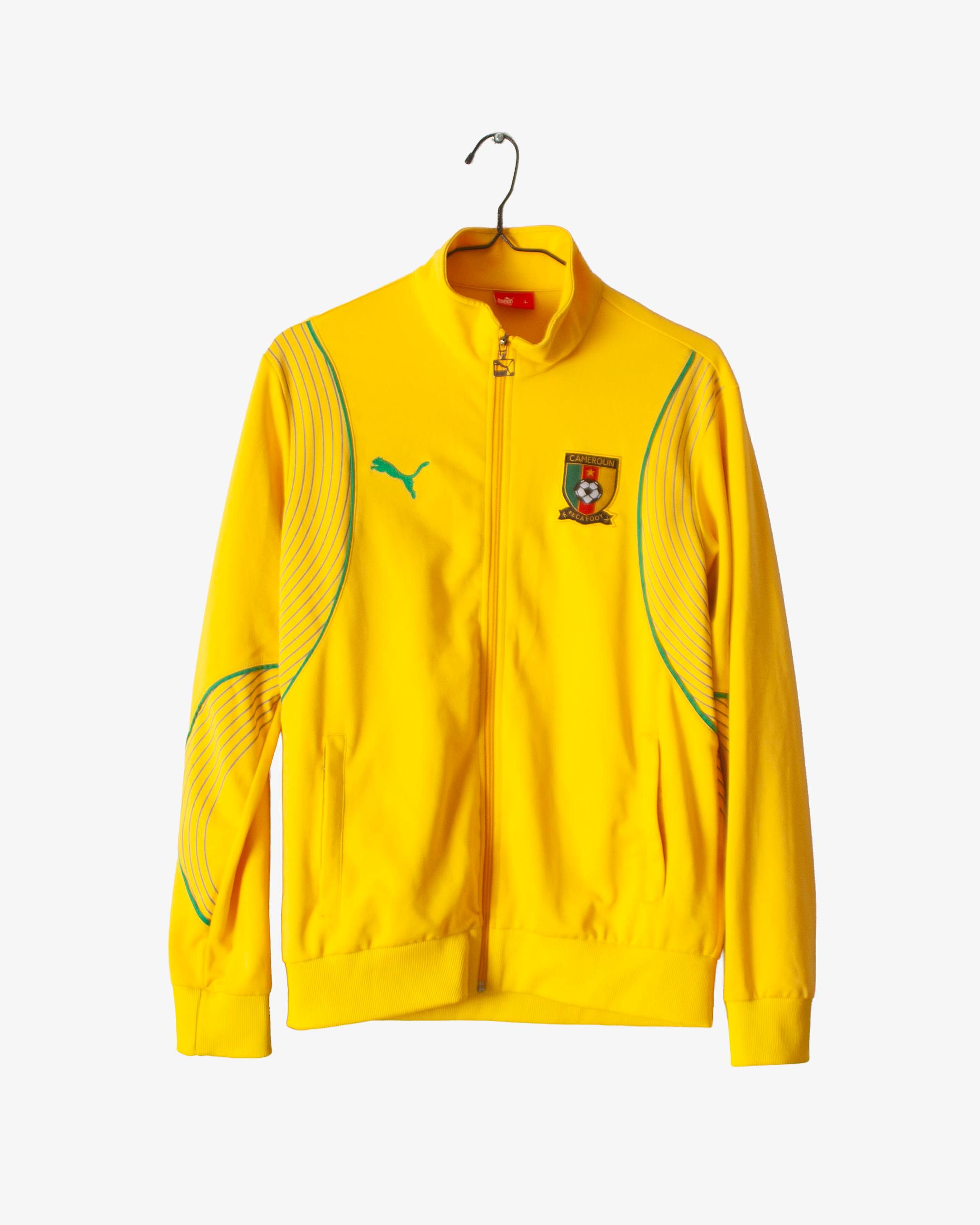 Yellow sports jacket with a logo on a hanger against a white background