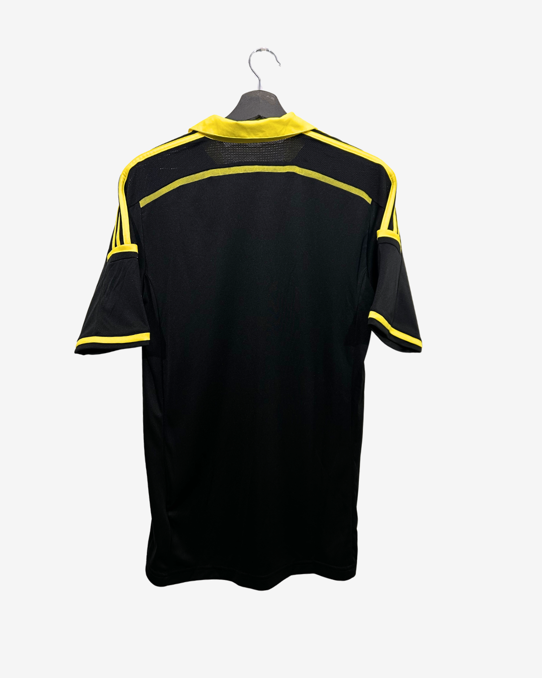 Black sports jersey with yellow accents on a hanger against a white background