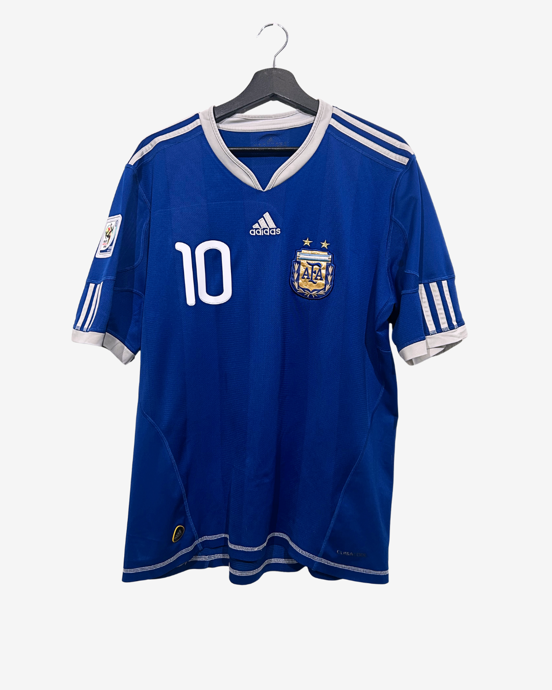 Blue soccer jersey with number 10 on a hanger