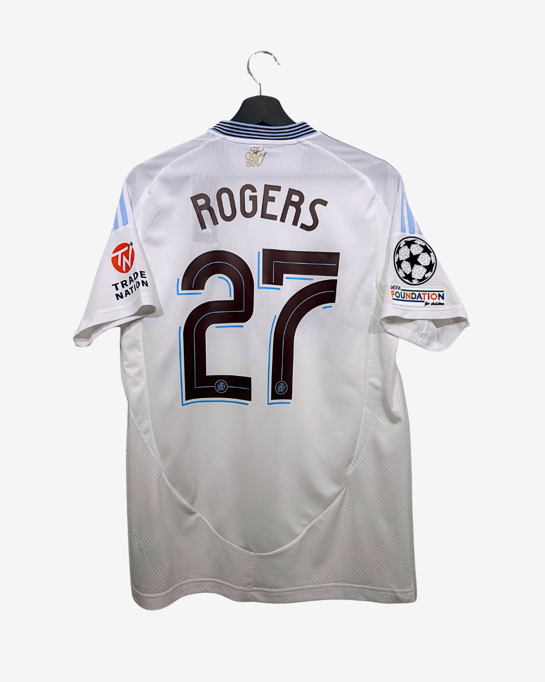 White sports jersey with 'Rogers 27' on a white background