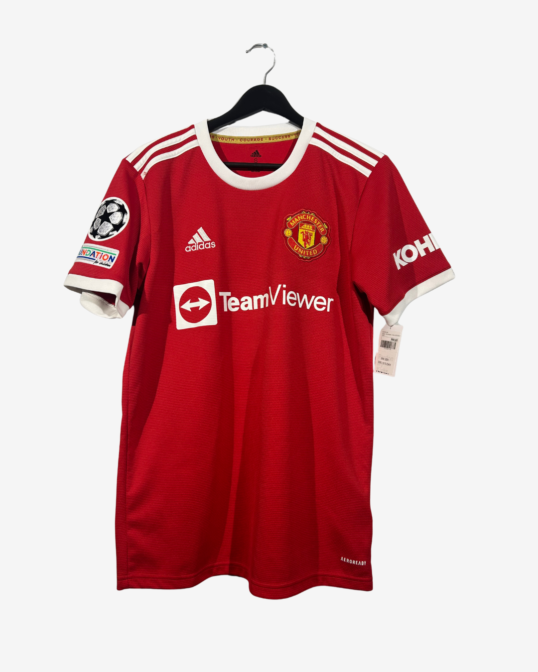 Red sports jersey with visible branding on a hanger against a white background