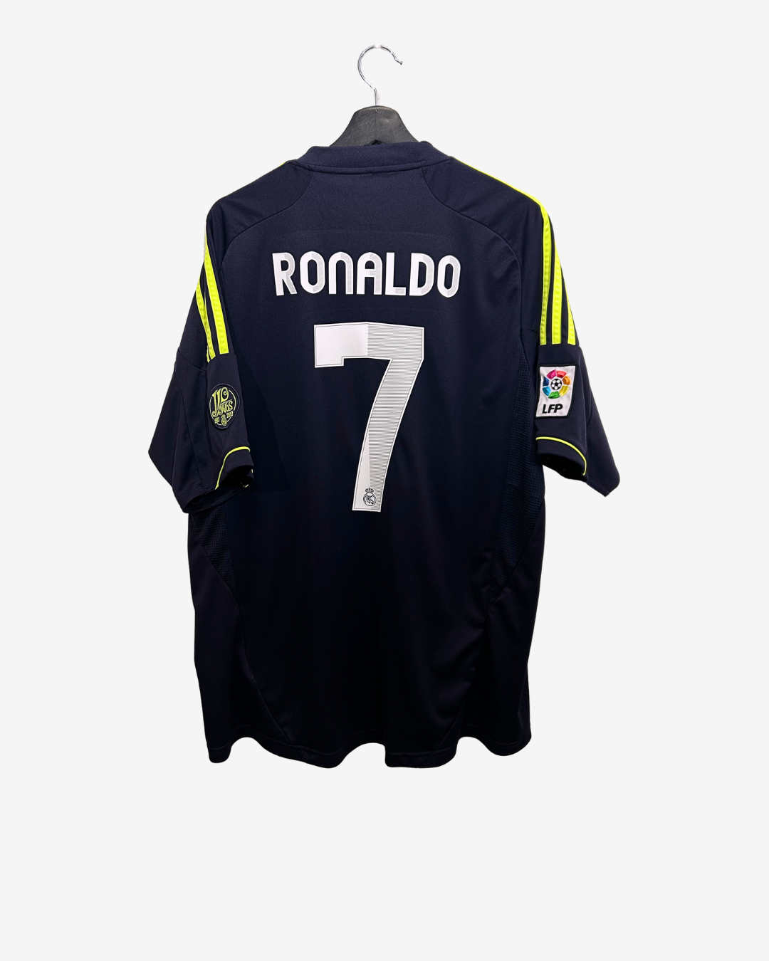 Black sports jersey with 'RONALDO' and number '7' on a hanger against a white background
