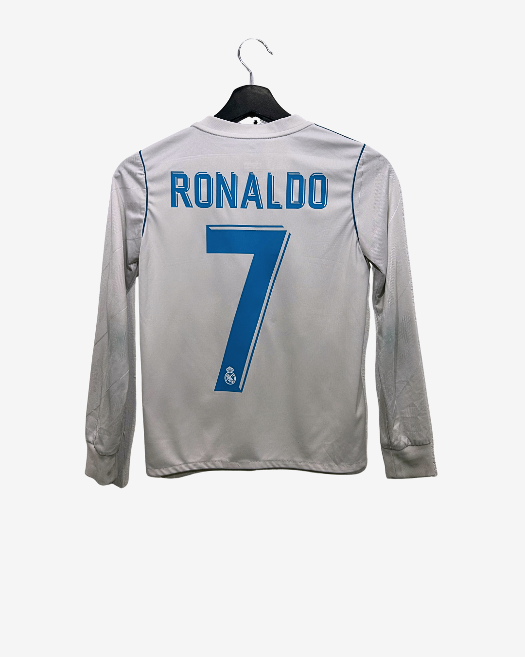 Gray sports jersey with 'Ronaldo' and number '7' on a hanger against a white background