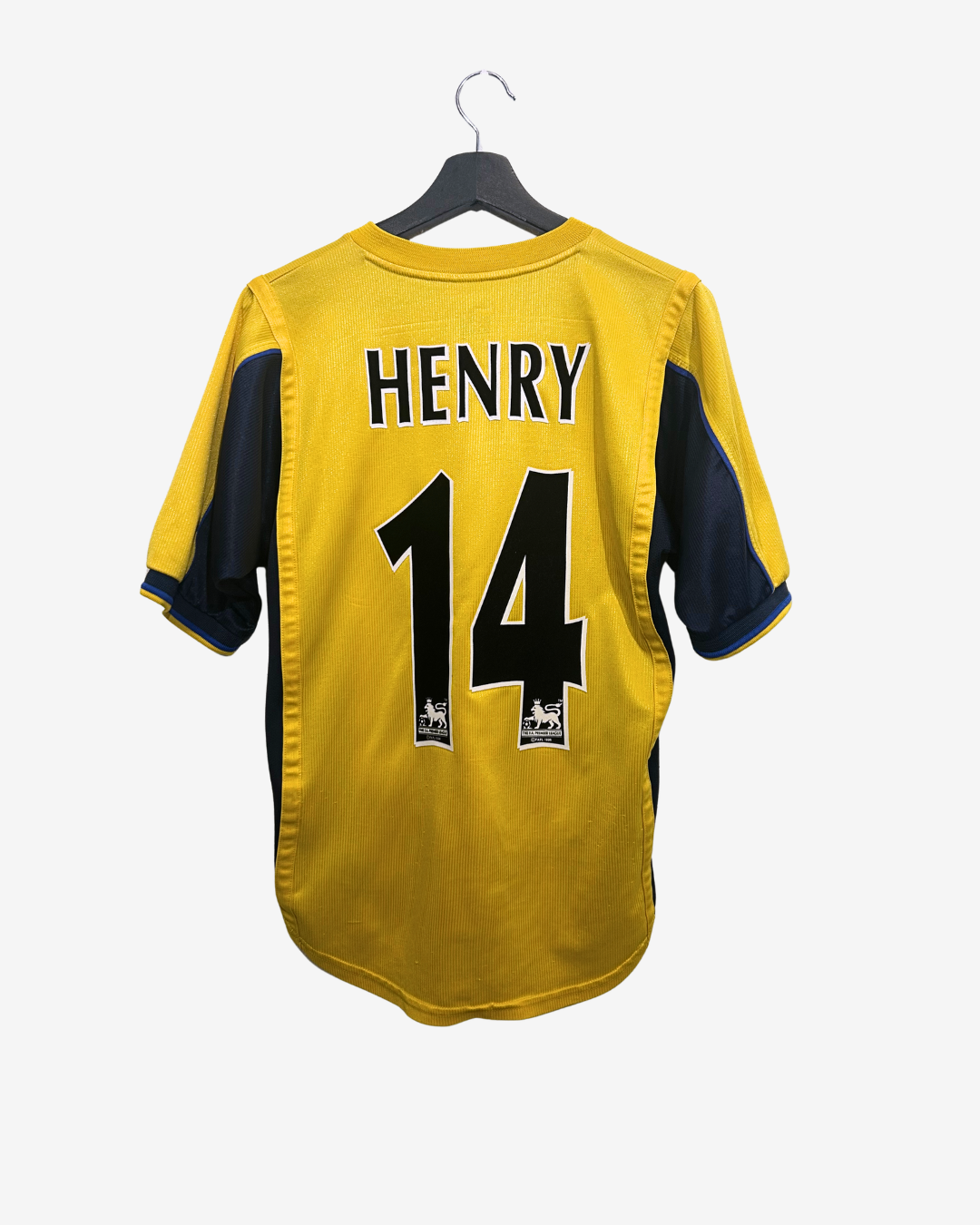 Yellow sports jersey with 'HENRY' and number '14' on a hanger against a white background