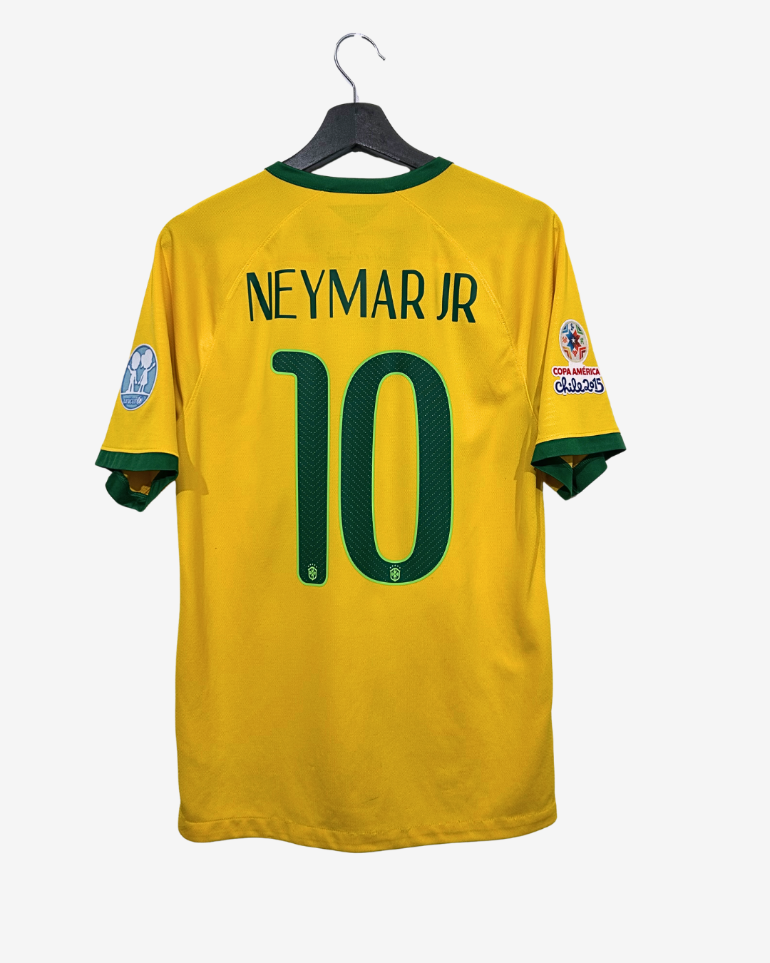 Yellow sports jersey with 'NEYMAR JR' and number '10' on a hanger against a white background