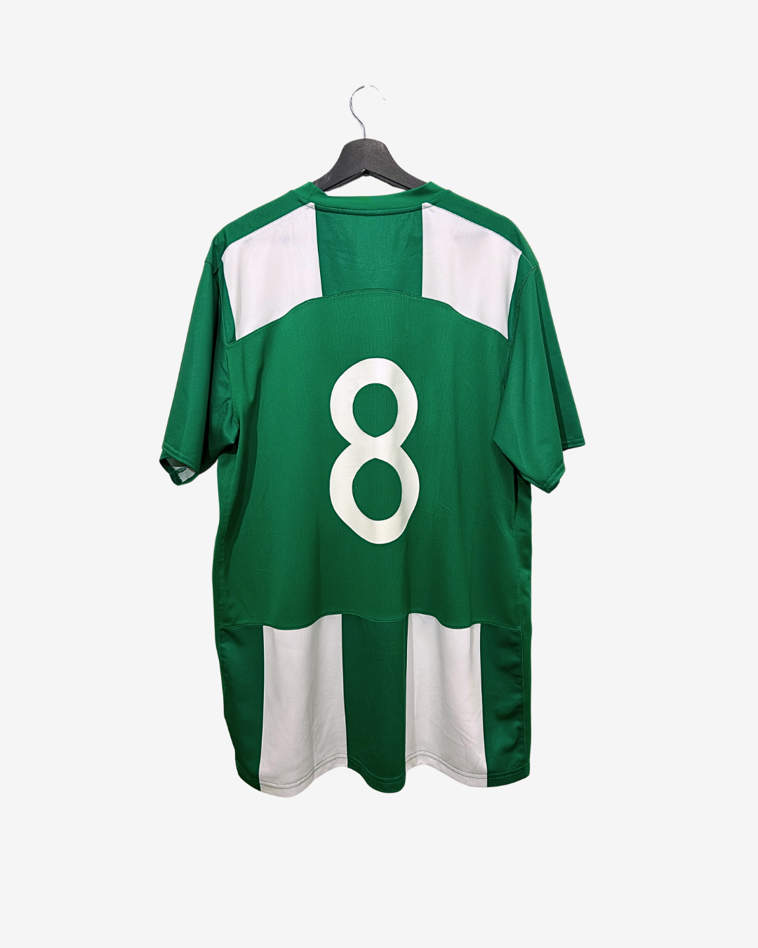 Green sports jersey with number 8 on a hanger against a white background