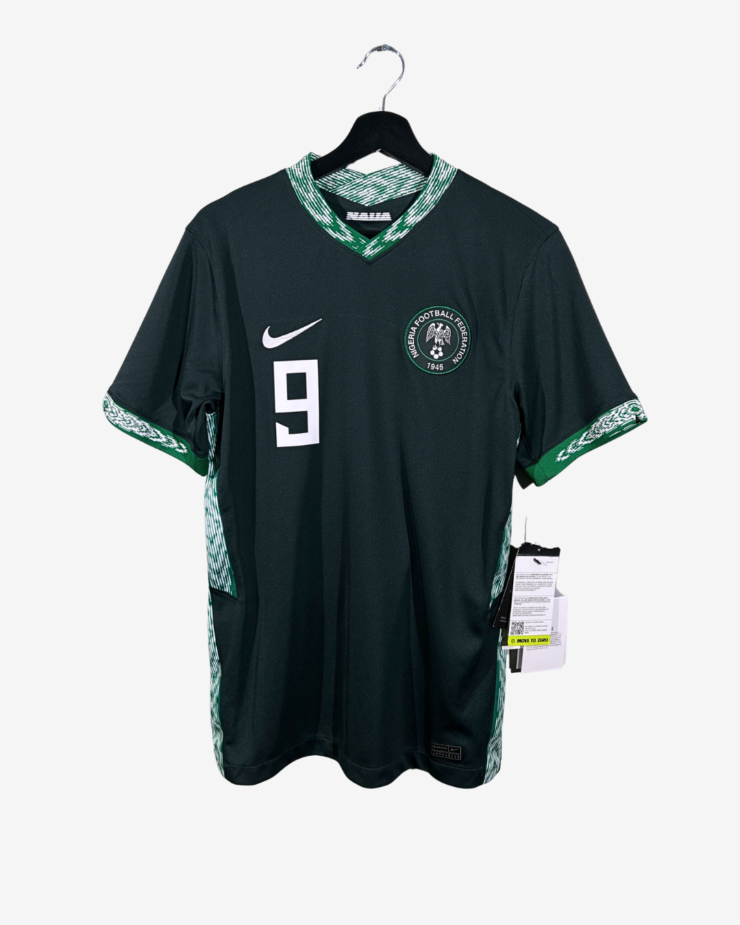 Black sports jersey with number 9 and brand logo on a hanger against a white background