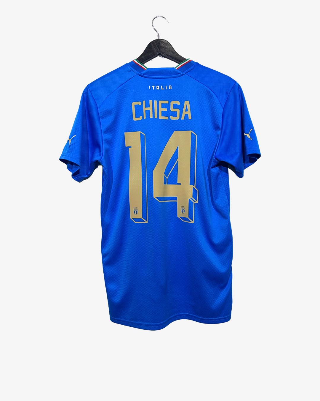 Blue sports jersey with 'Chiesa' and number '14' on a hanger against a white background