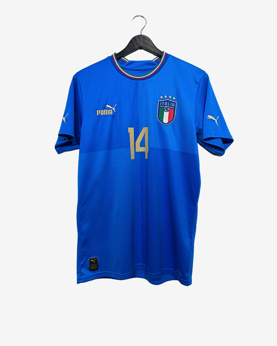 Blue soccer jersey with number 14 on a hanger against a white background