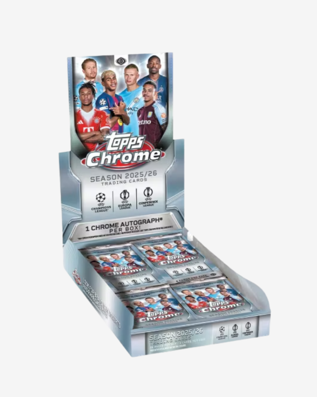 Topps Chrome Season 2025/26 Trading Cards display box containing multiple packs of trading cards, shown on a light gray background.