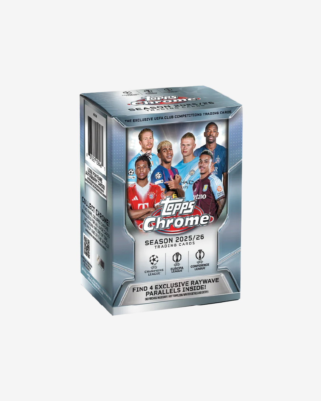 Topps Chrome Season 2025/26 Trading Cards box on a light gray background.