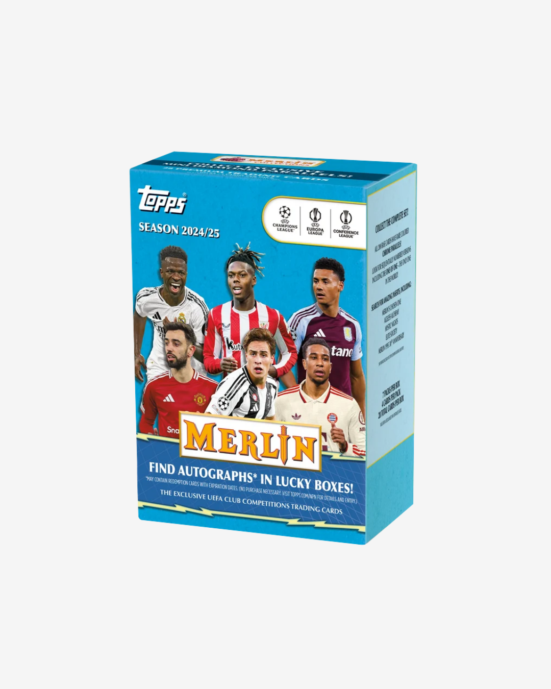 Topps Merlin Season 2024/25 trading card booster box featuring soccer player photos and gold 'MERLIN' lettering on a blue box, shown on a light gray background.