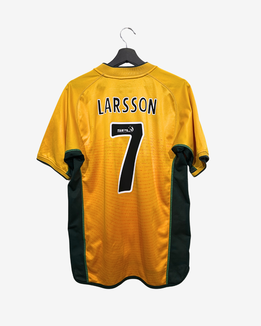 Yellow sports jersey with 'Larsson' and number '7' on a hanger against a white background