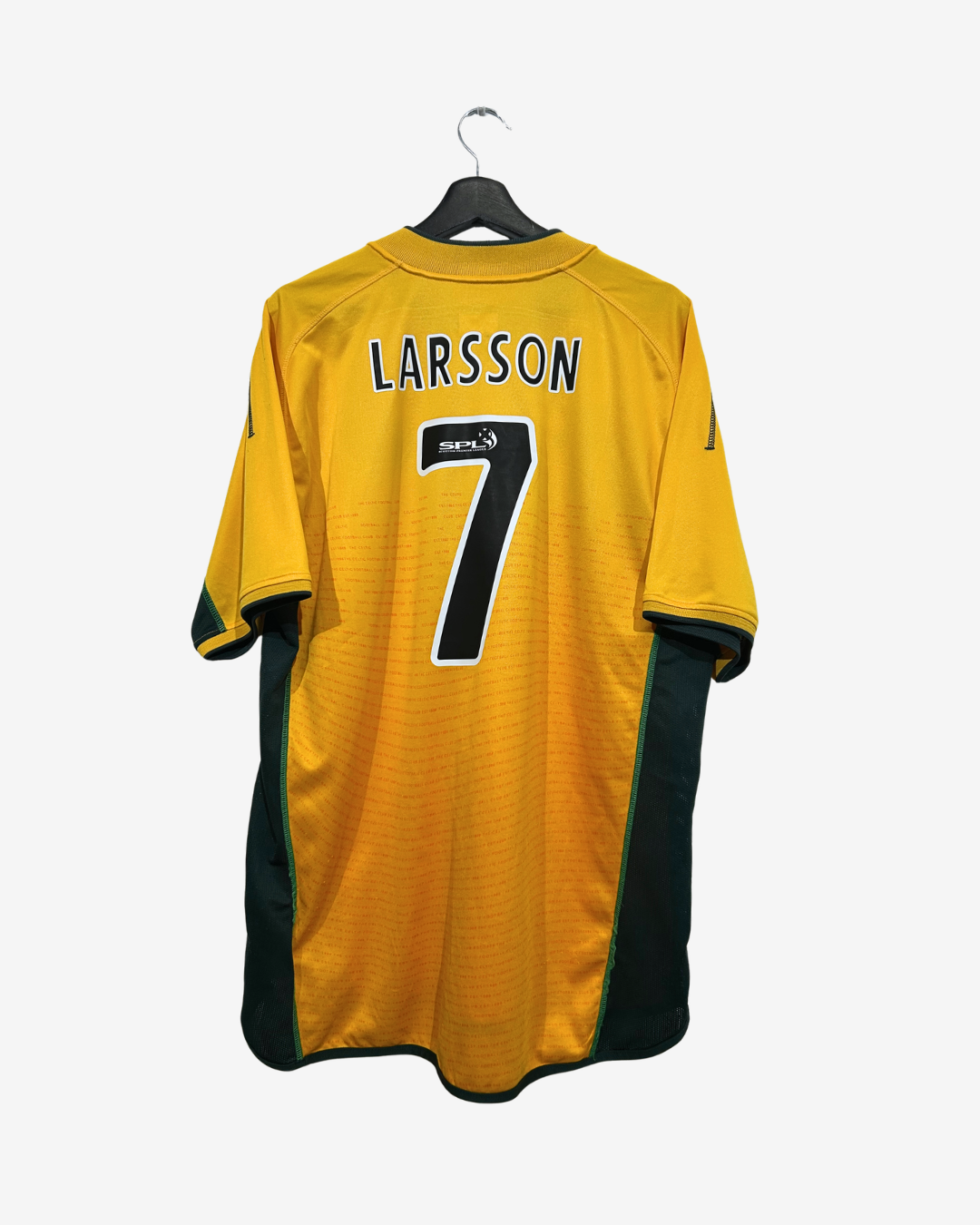 A yellow and green soccer jersey with the name 'LARSSON' and number '7' on the back, hanging on a black hanger against a light gray background.