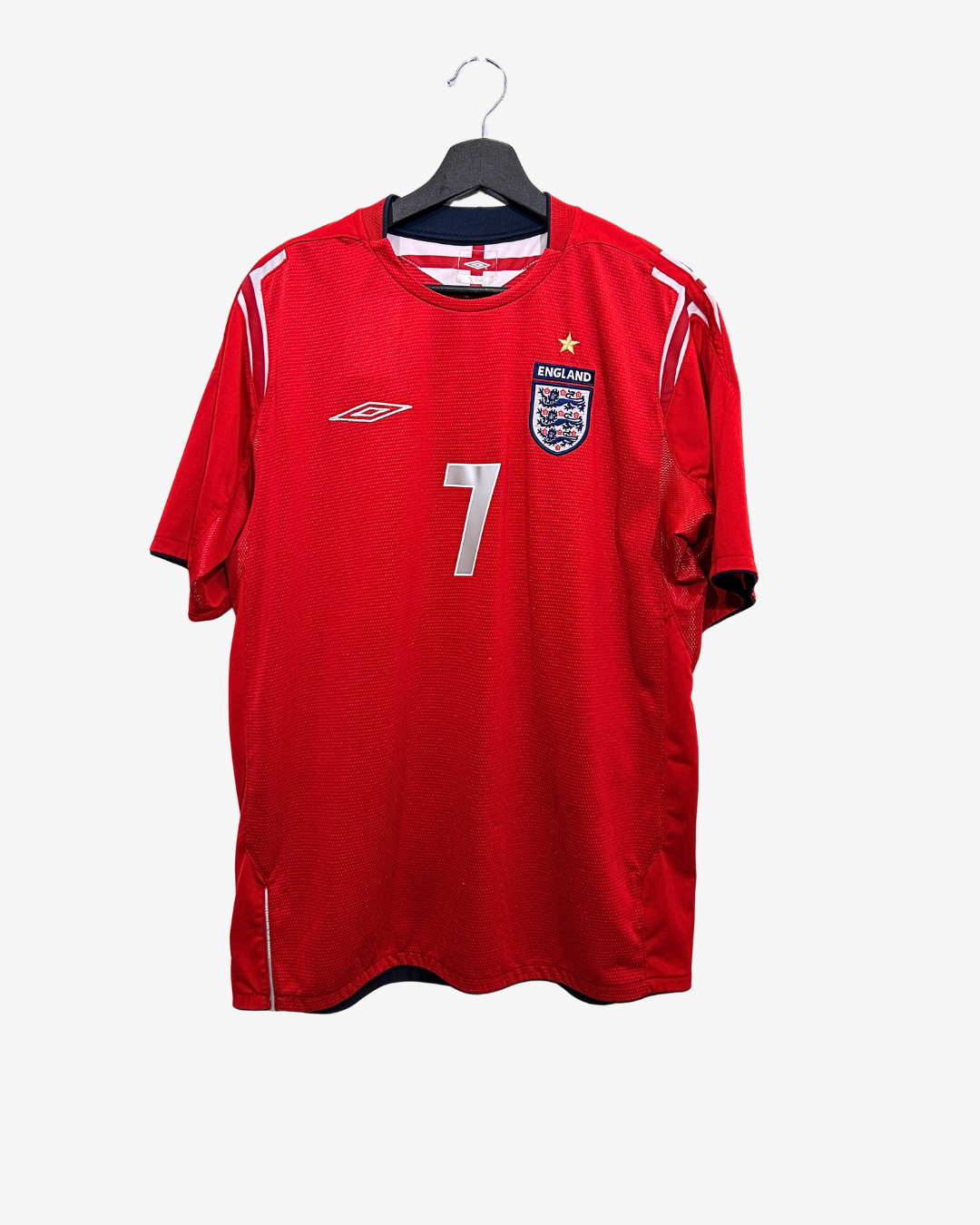 Red sports jersey with number 7 and England logo on a hanger against a white background