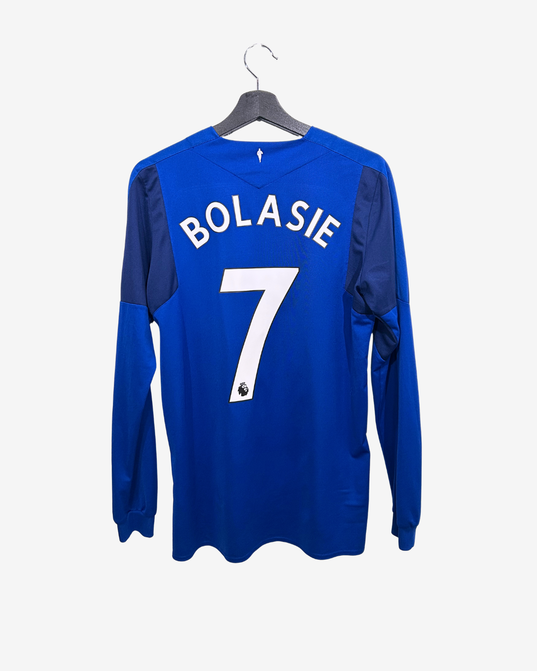 Blue sports jersey with 'Bolasie' and number '7' on a hanger against a white background