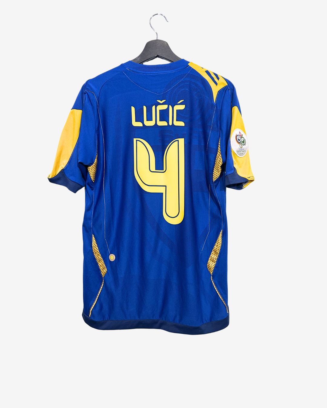Blue sports jersey with yellow accents and 'Lucéc' and number '4' on a white background