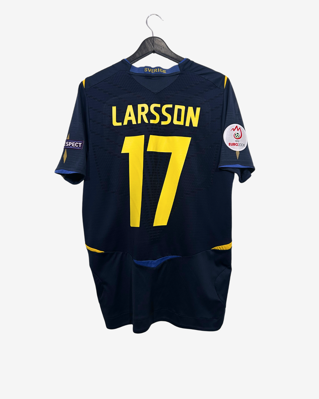 Navy sports jersey with 'Larsson' and number '17' on a hanger against a white background