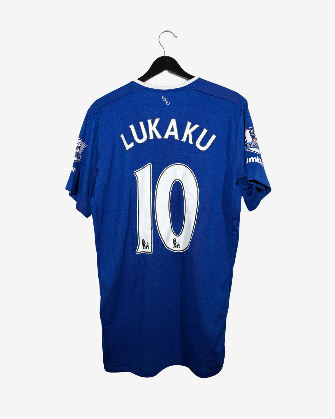 A blue Everton football jersey with 'LUAKU' and the number '10' printed in white on the back, hanging on a black hanger against a light gray background.