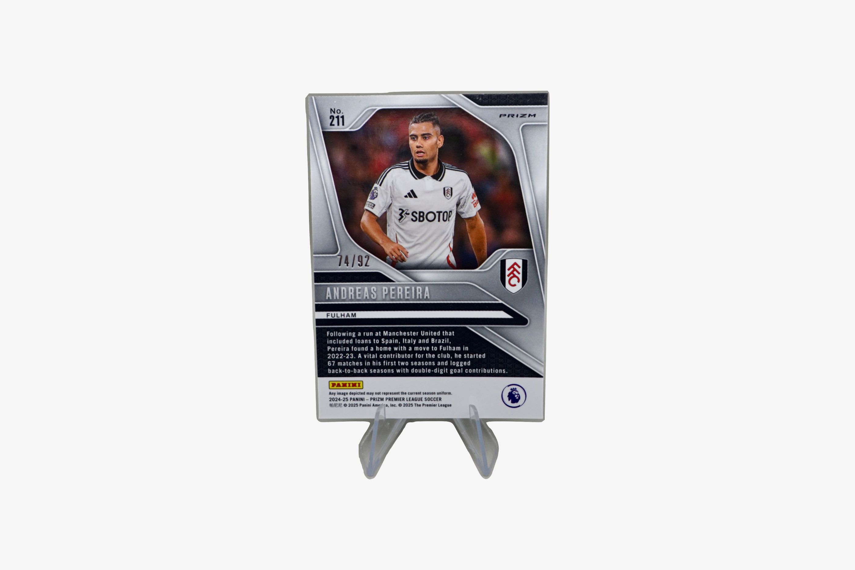Andreas Pereira – 2024/25 Panini Prizm Purple White Prizm (Fulham FC) – Serial #74/92 – Card No. 211