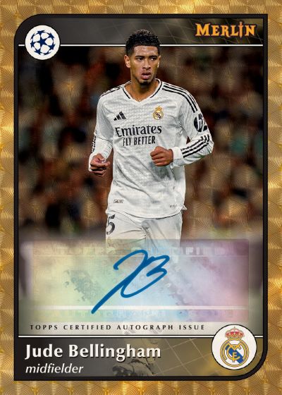 Soccer player card featuring Jude Bellingham with Merlin and UEFA Champions League logos.