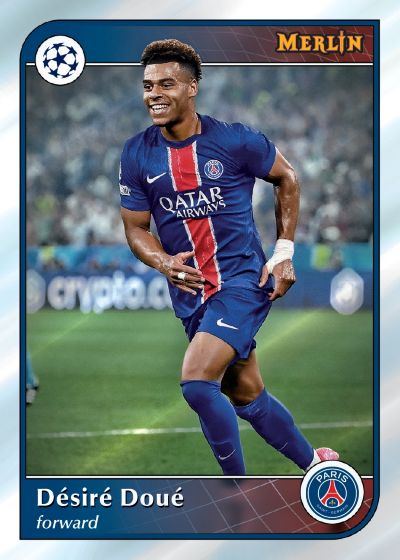 Soccer player card featuring Desiré Doué from Paris Saint-Germain with Merlin logo.