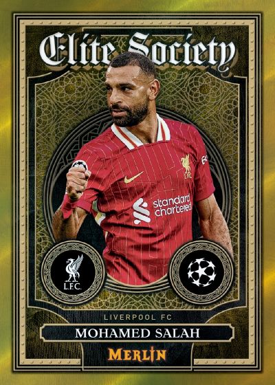 Soccer player Mohamed Salah in a red jersey with 'Liverpool FC' branding on a 'Merlin' card.