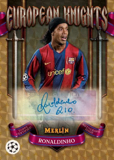 A collectible football trading card featuring Ronaldinho in a red and blue FC Barcelona jersey, with the title 'European Knights' at the top, a signature across the center, and 'Merlin Ronaldinho' on a purple banner at the bottom.
