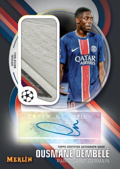 Topps certified autograph issue soccer card featuring Ousmane Dembélé in a Paris Saint-Germain jersey, with an inset of an official match ball and a blue autograph on a colorful graphic background.