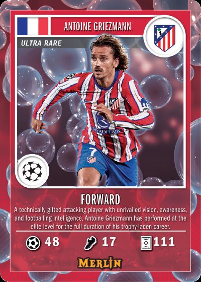A collectible football trading card featuring Antoine Griezmann in an Atlético Madrid red-and-white striped jersey, with team logos, player stats, and a Merlin brand mark on a red card design.
