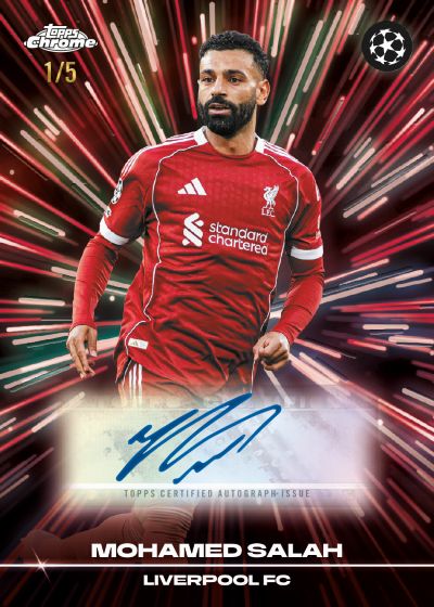 Soccer player card of Mohamed Salah in a red jersey with visible branding and signature.