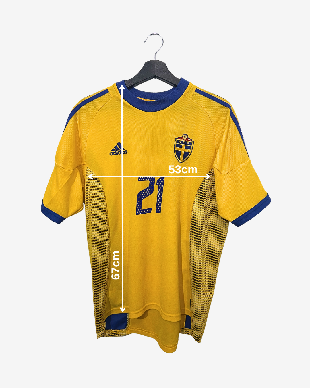 Yellow soccer jersey with blue accents on a hanger, showing measurements.