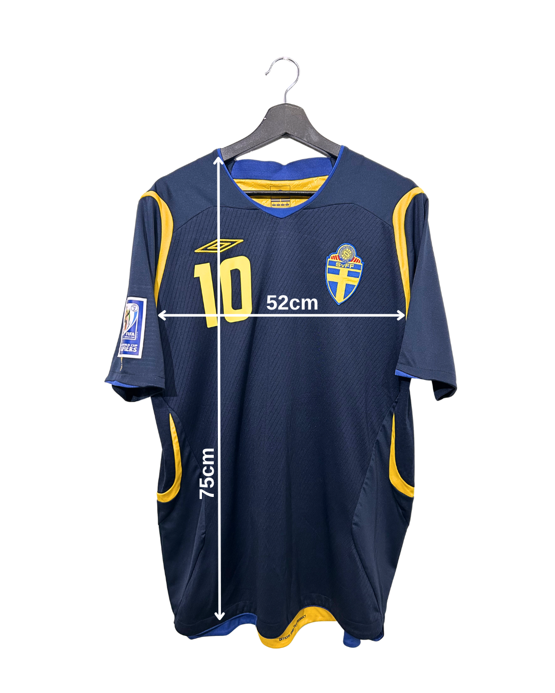 Navy blue sports jersey with yellow accents on a hanger, showing measurements.