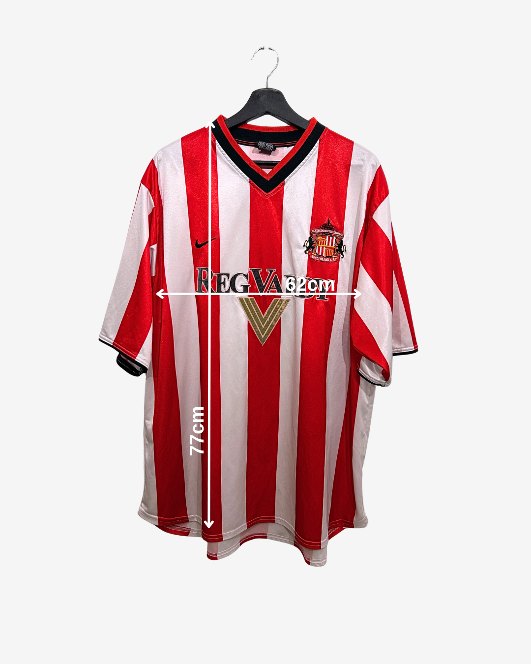 Red and white striped sports jersey on a hanger with visible branding.
