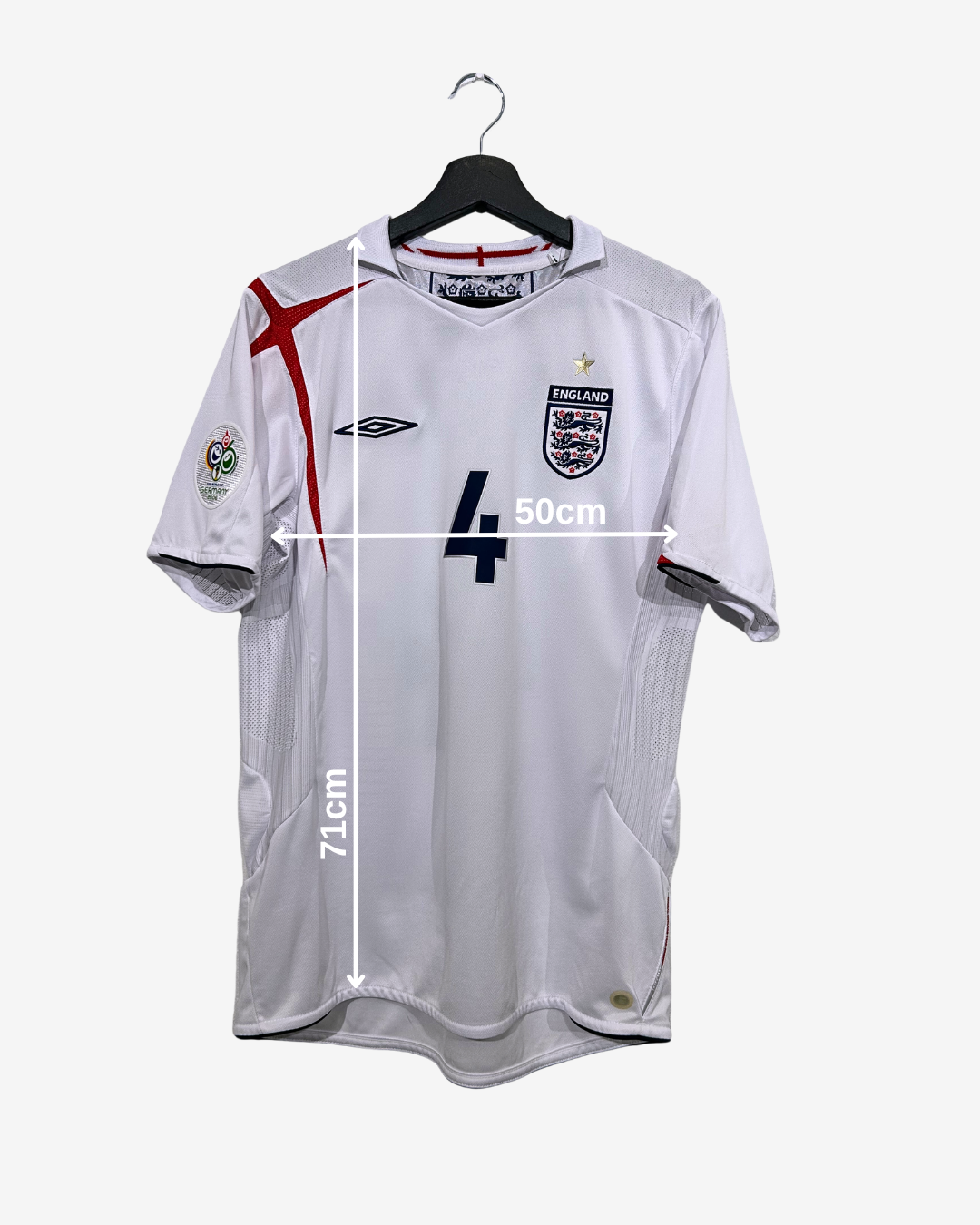 White sports jersey with measurements on a white background