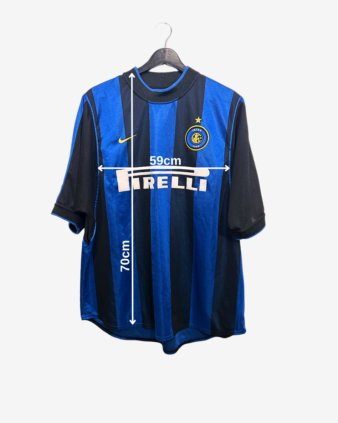 Blue and black sports jersey with measurements on a white background